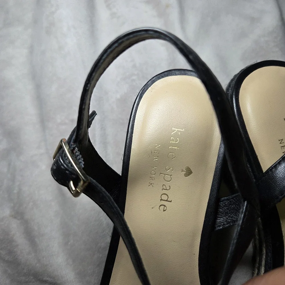 Kate Spade New York Jill Rosette Black Cream Espadrille Platform Wedge Sandals 6